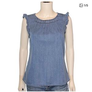 White House Black Market Denim Cap Ruffled Sleeve Top Size M